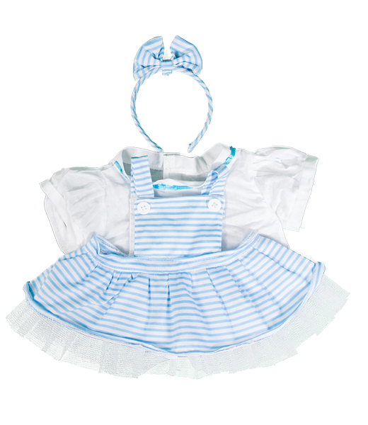 Brown Bear 8 Inch Plush with Blue Pinstripe Pinafore & Bow