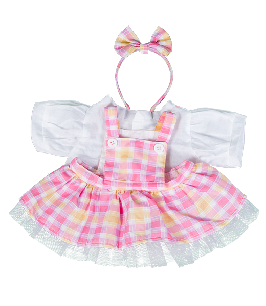 8 Inch Brown Bear Plush with Plaid Pinafore & Bow Headband