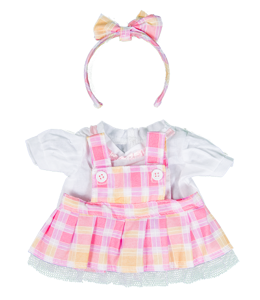 Brown Bear Plush 8 Inch with Plaid Pinafore & Bow Headband
