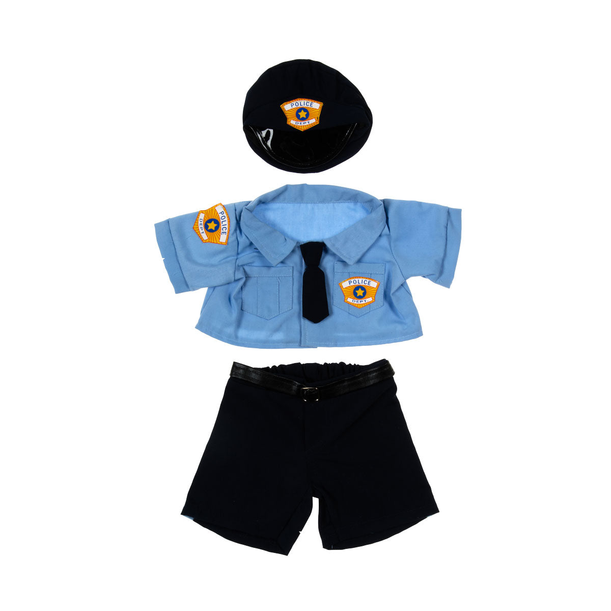 Police uniform set for 16-inch stuffed toys with cap, badge, and shirt