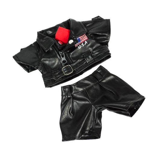 Close-up of the Easy Rider Biker Outfit for 8-inch plush toys showing details of the jacket and accessories.