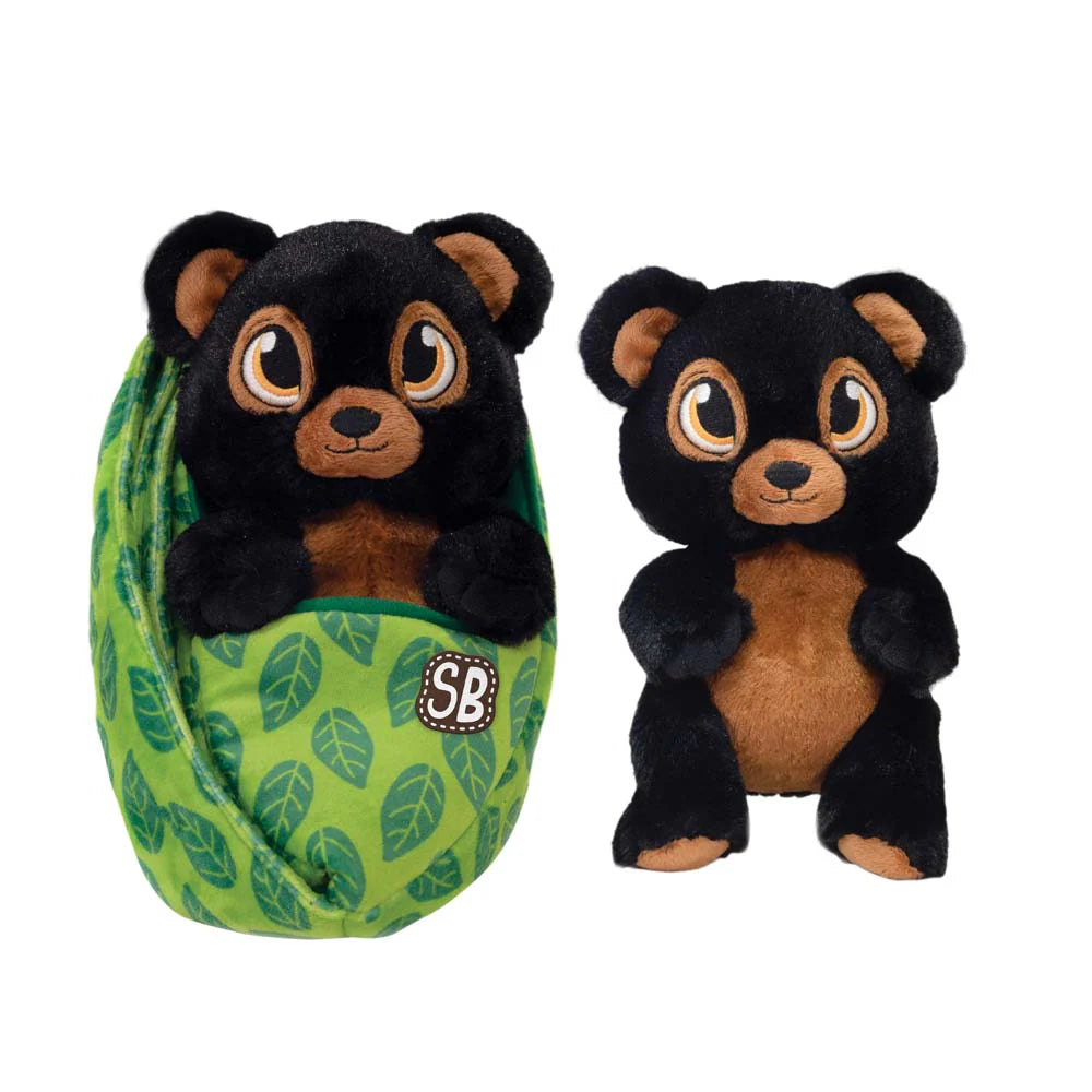Adorable 9.5-Inch Black Bear Plush in Baby Sling