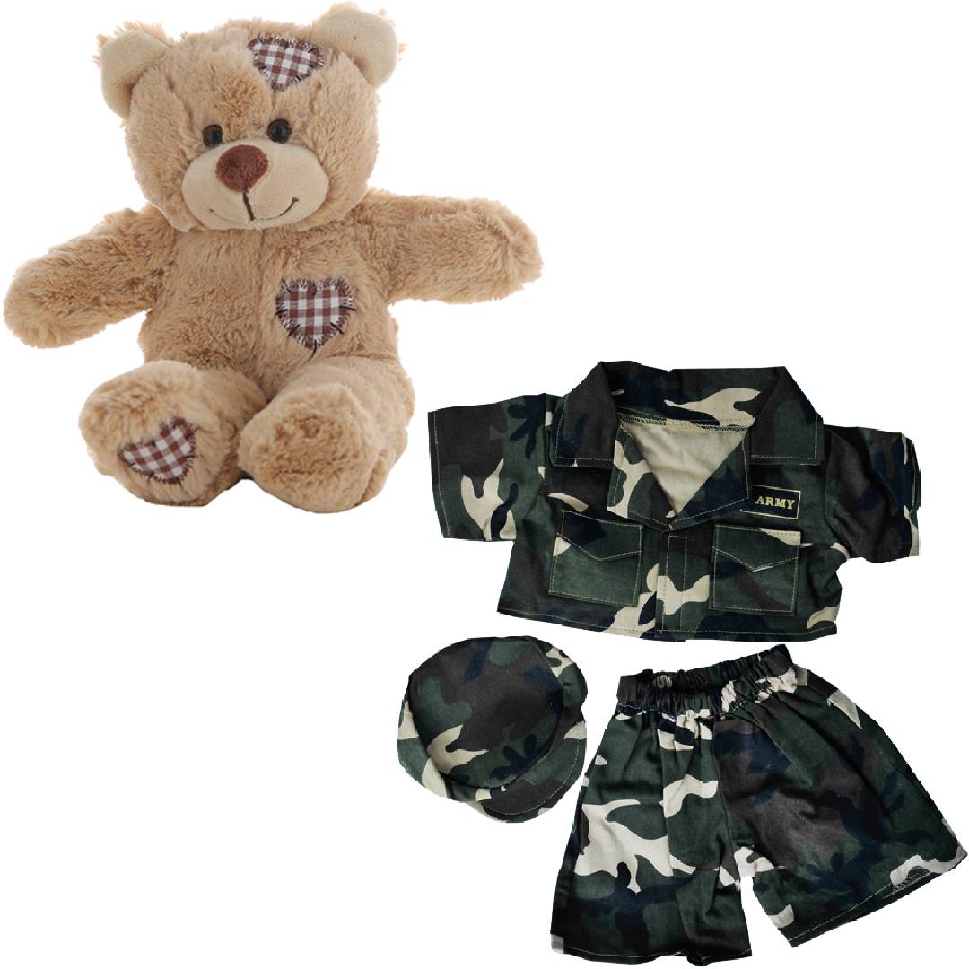 Brown Bear 8 Inch Plush with Army Green Outfit 16 Inch