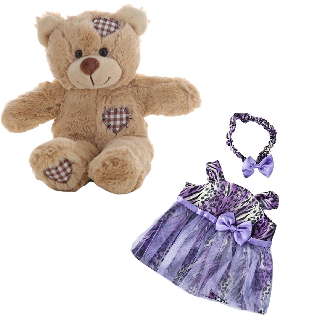 Brown Bear Plush 8 Inch with Purple Leopard Dress & Headband 16 Inch