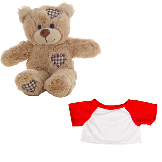 Brown Bear Plush 8 Inch with White Tee & Red Sleeves 16 Inch