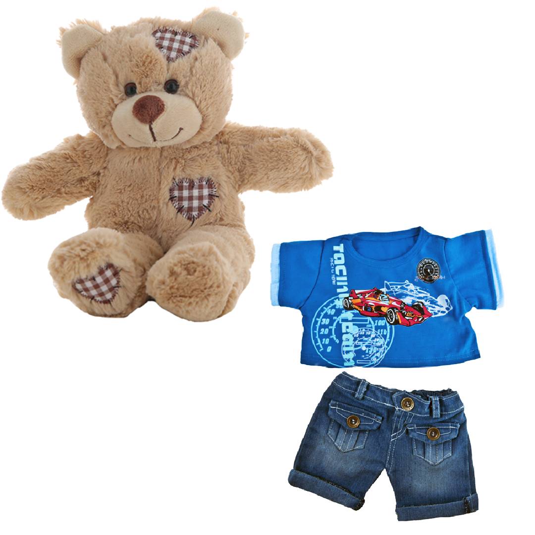 Brown Bear Plush 8 Inch with Cool Racecar Outfit 16 Inch