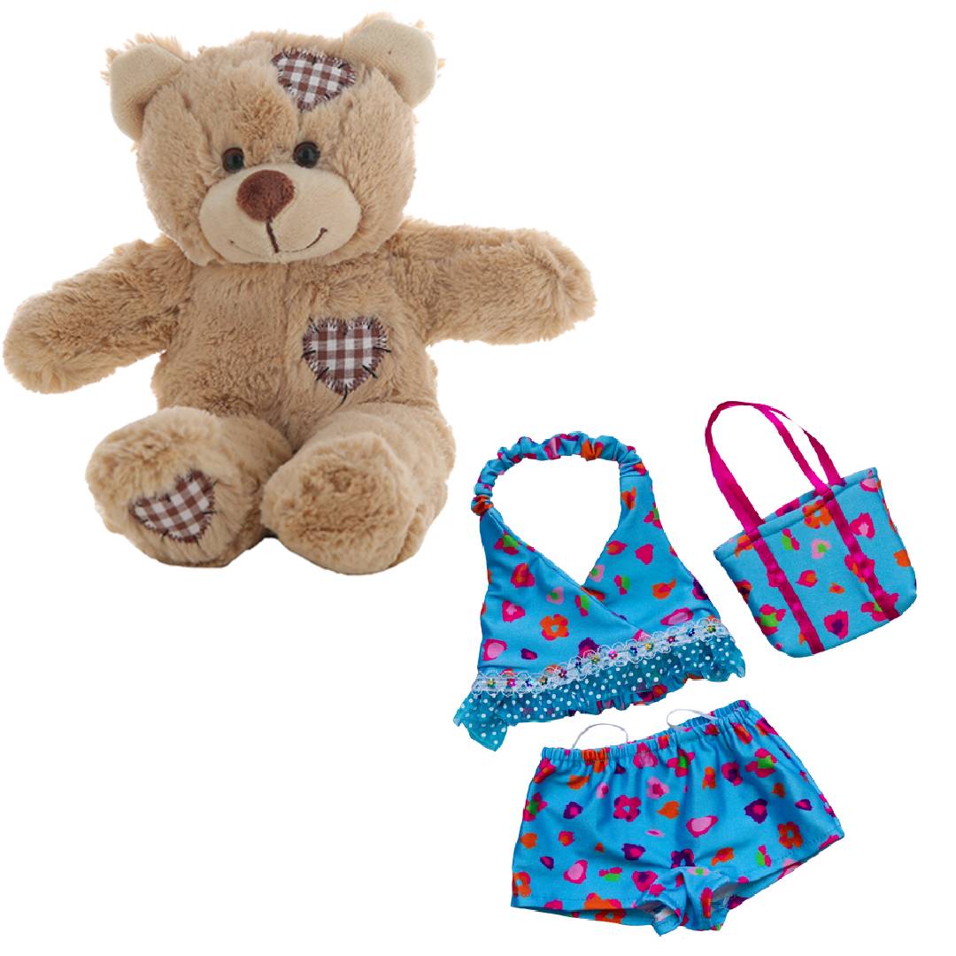 Brown Bear Plush 8 Inch in Blue Floral Tankini & Matching Bag 16 inch