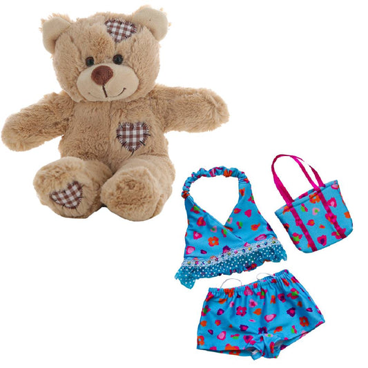 Brown Bear Plush 8 Inch in Blue Floral Tankini & Matching Bag 16 inch