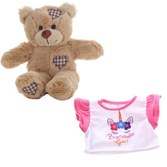 Brown Patches Bear 8 Inch Plush with Birthday Girl Unicorn Tee