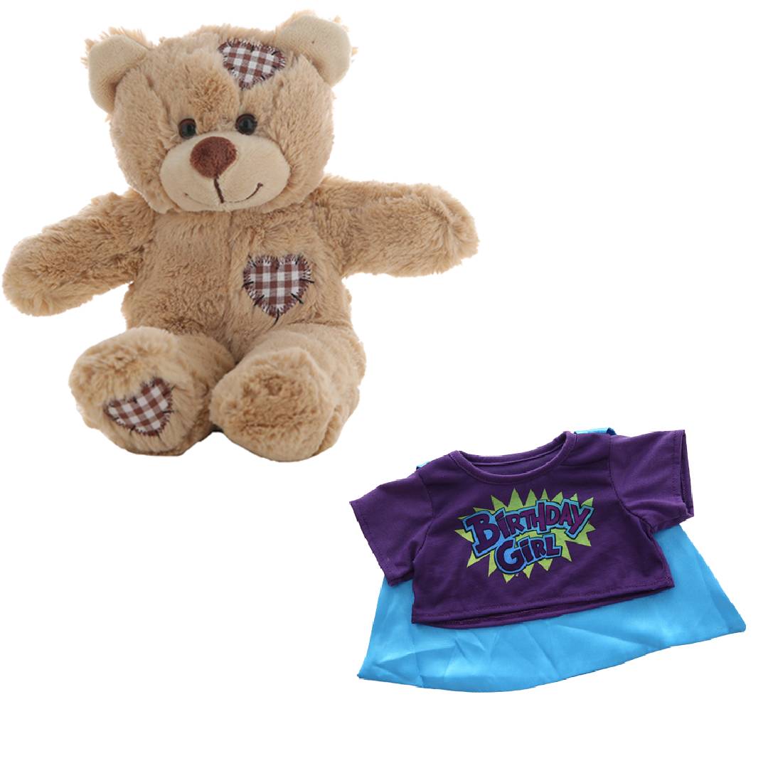 Brown Bear Plush 8 Inch with Birthday Hero Girl Tee 16 Inch