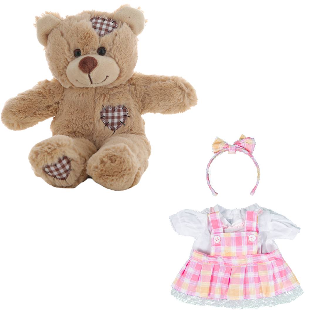 Brown Bear Plush 8 Inch with Plaid Pinafore & Bow Headband