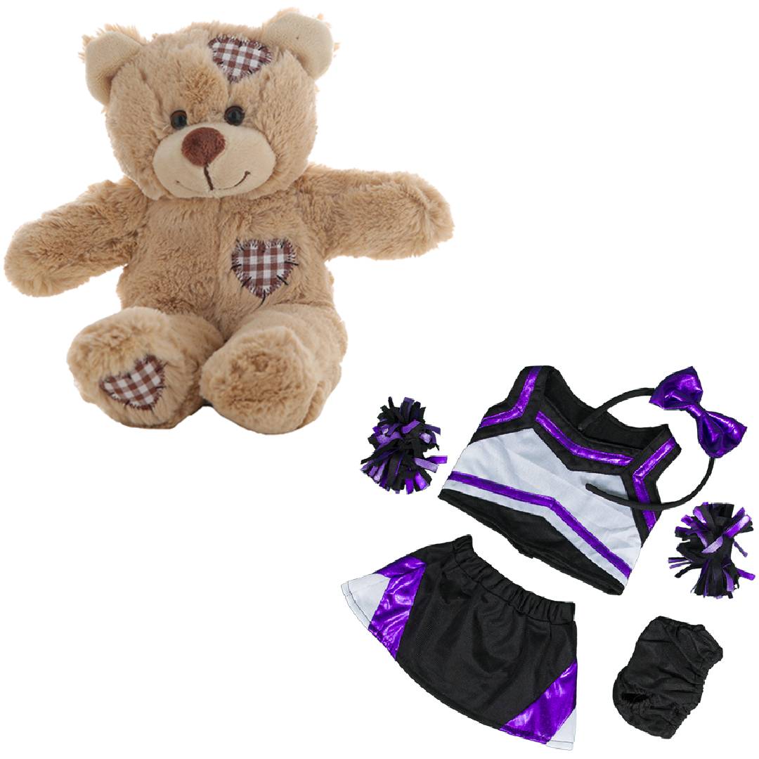 Brown Patches Bear 8 Inch with Purple & Black Cheerleader Uniform