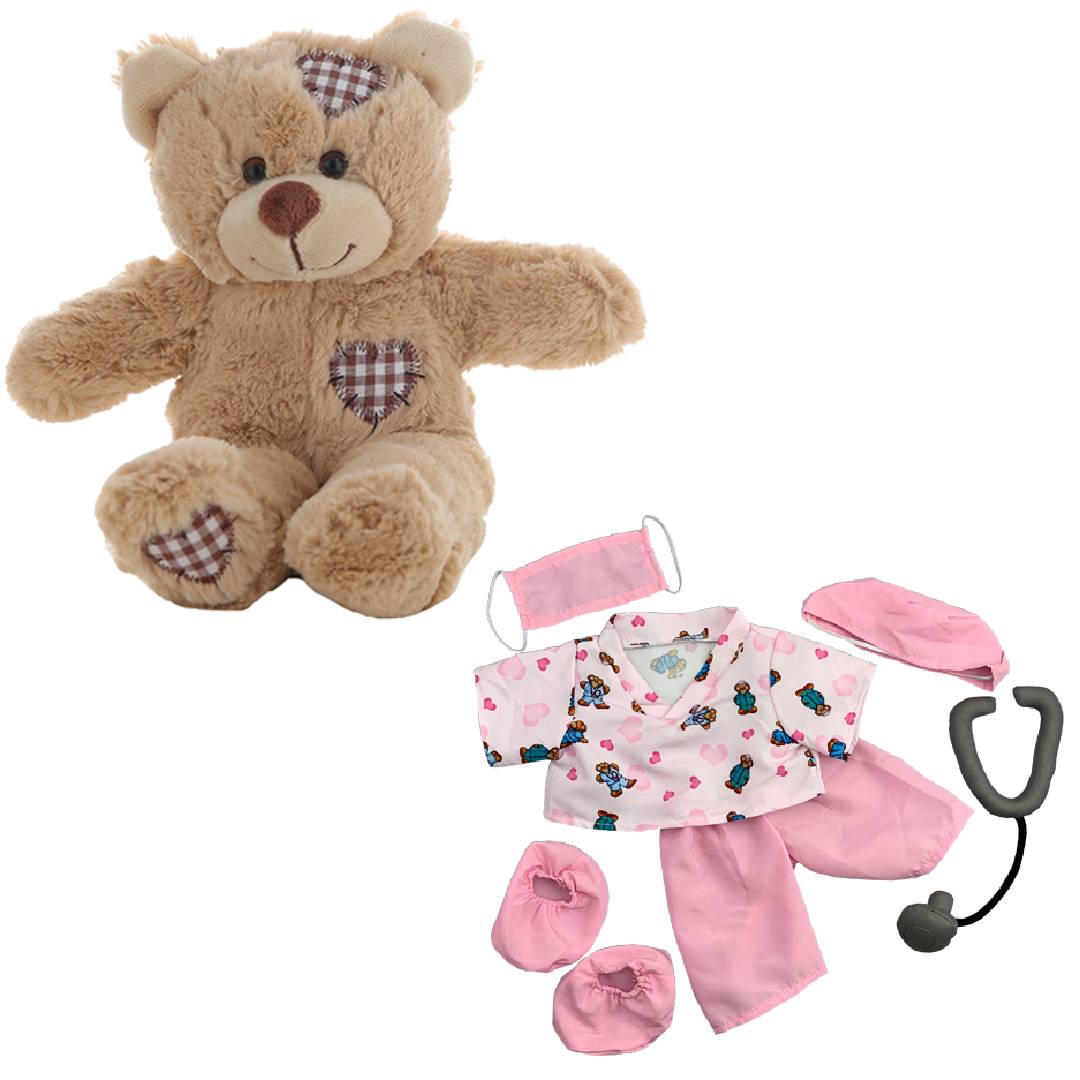 Brown Patches Bear 8 Inch with Pink Scrubs – Plush Toy Outfit