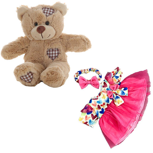 Brown Patches Bear 8 Inch with Pink Heart Dress & Headband