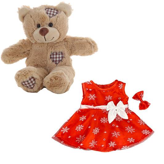 Brown Patches Bear 8 Inch with Red Snowflake Dress & Hair Bow