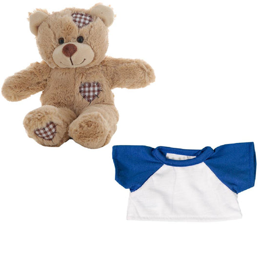 Brown Patches Bear 8 Inch with White T-Shirt & Royal Blue Sleeves