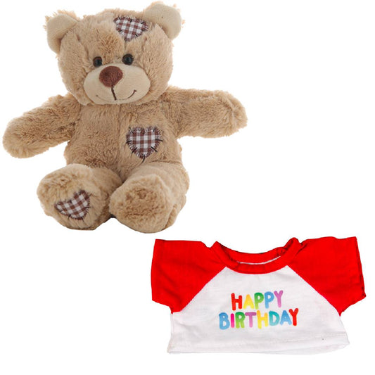 Brown Patches Bear 8 Inch Plush with Happy Birthday Red Sleeve T-Shirt