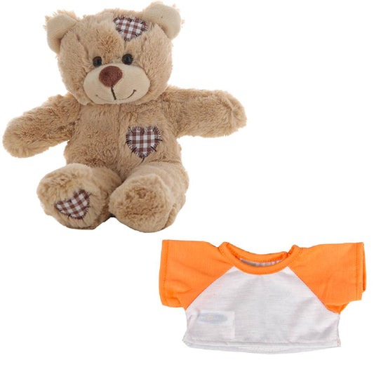 Brown Patches Bear 8 Inch Plush with White T-Shirt & Orange Sleeves