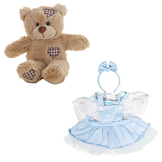 Brown Bear 8 Inch Plush with Blue Pinstripe Pinafore & Bow