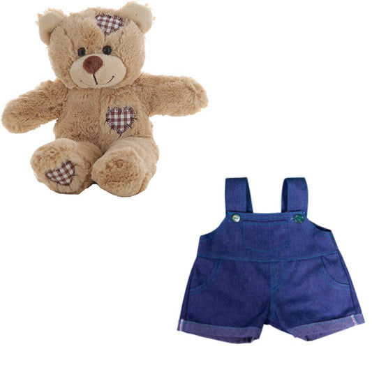 Brown Bear 8 Inch Plush with Denim Overalls & Teal Stitching