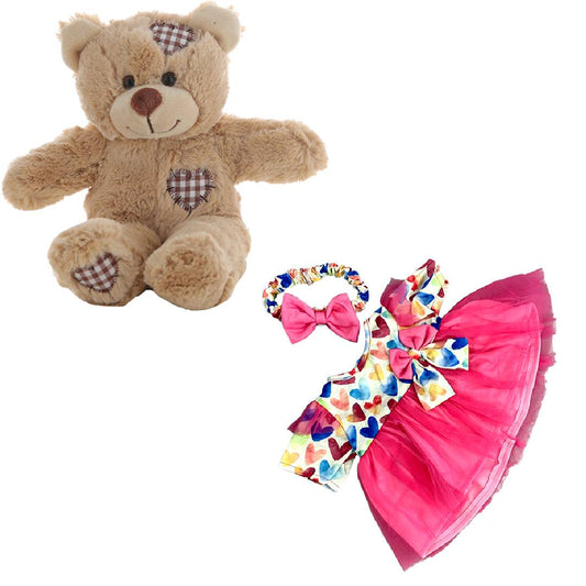 Brown Bear 8 Inch Plush with Pink Heart Dress & Headband