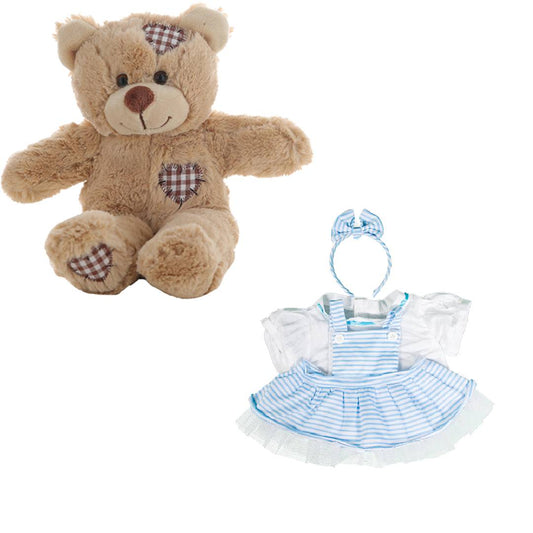 Brown Bear 8 Inch with Blue Pinstripe Pinafore & Bow Plush