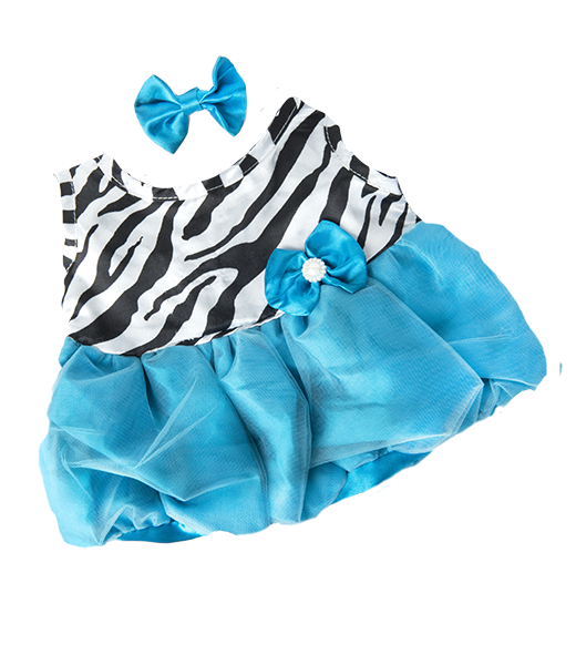 Brown Bear Plush 8 Inch with Turquoise Zebra Dress & Bow 16 Inch