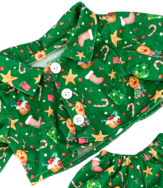 Brown Patches Bear 8 Inch with Green Reindeer Pajamas – Holiday Plush