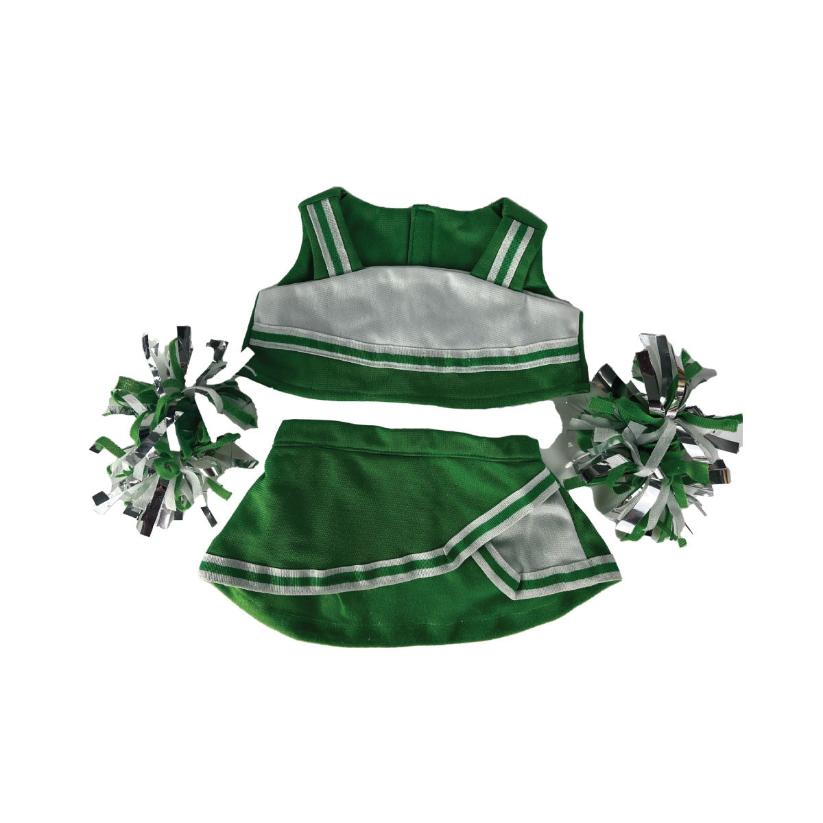 Green & White Cheerleader Uniform for 16-inch stuffed toy, perfect for play or display.
