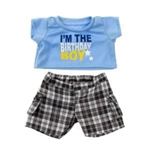 Birthday Boy T-Shirt & Black Plaid Shorts Outfit for 16-Inch Stuffed Toy