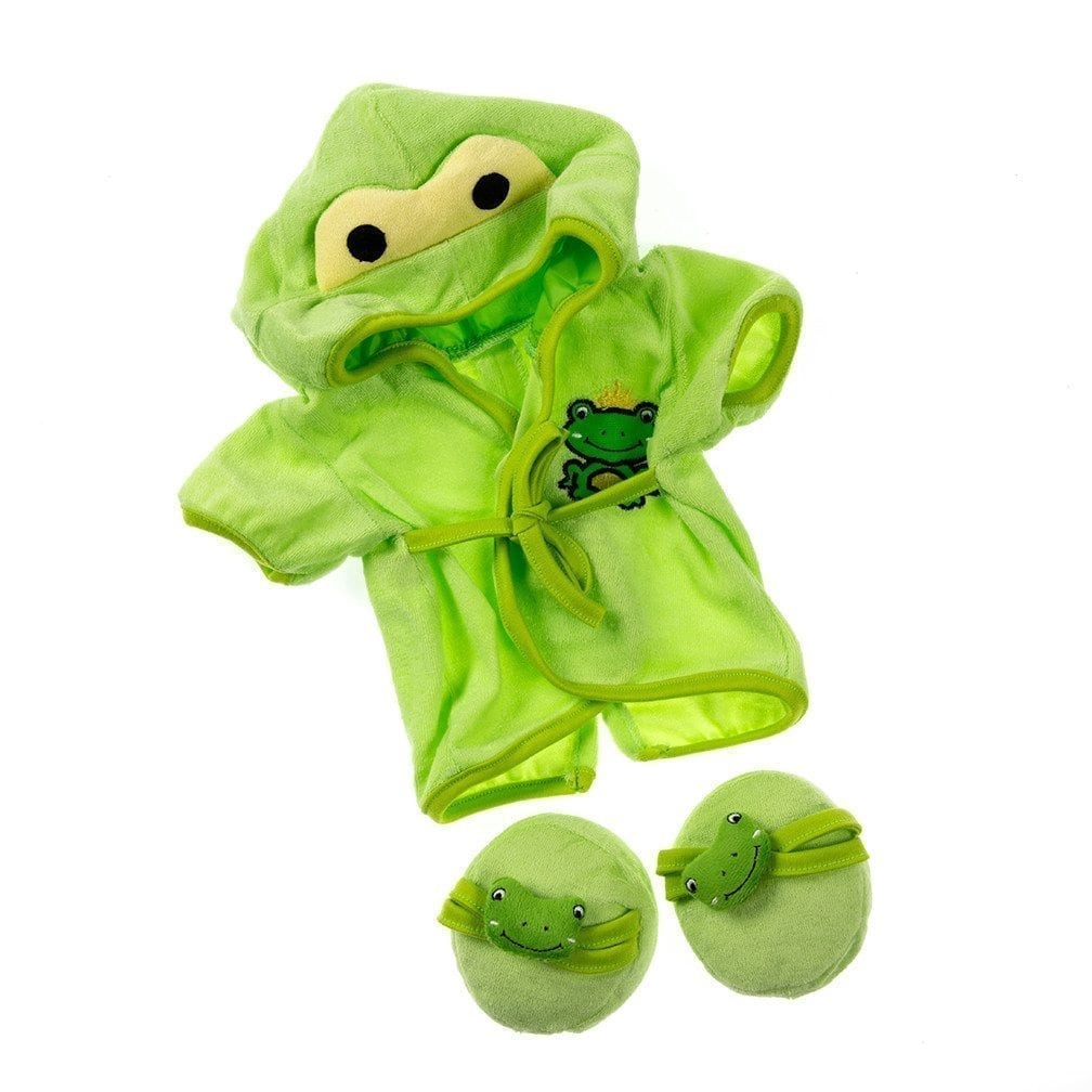 16-inch stuffed toy wearing a soft frog bathrobe with a hood and matching slippers – cozy plush outfit for teddy bears.