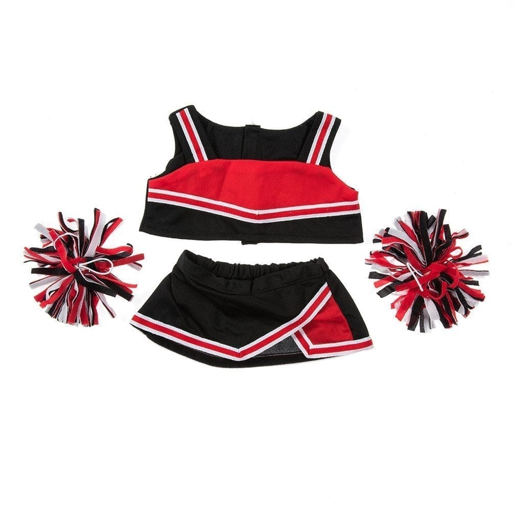 16-inch stuffed animal in black and red cheerleader uniform with pom-poms