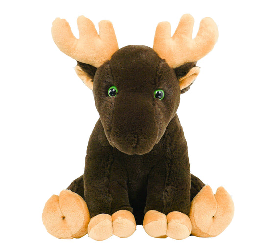 Brown Moose 16-inch stuffed toy – soft plush moose with realistic antlers and a cuddly body.
