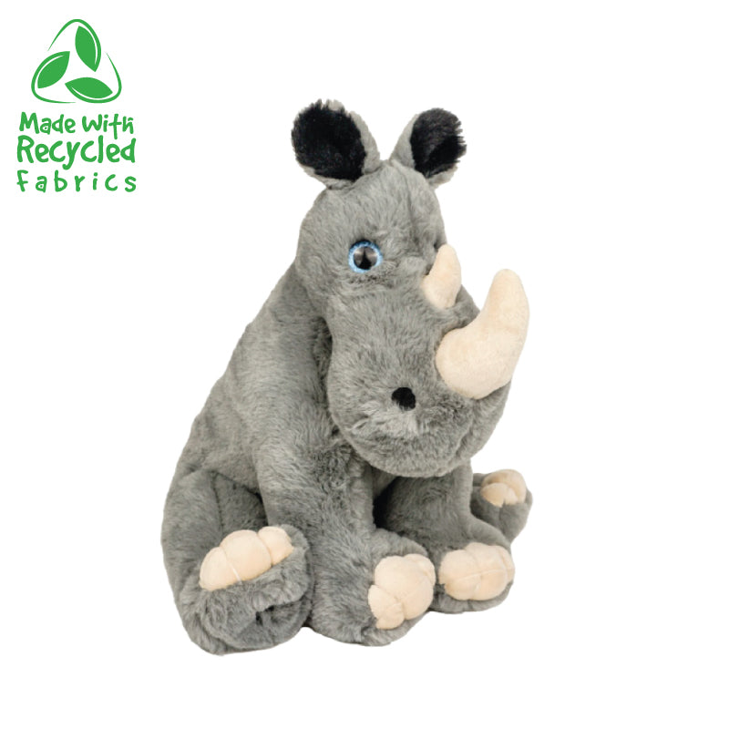 Close-up of Riley the Rhino plush toy showcasing its embroidered features and cuddly design.