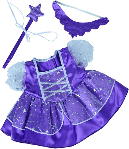 Purple Fairy Princess Dress w/Wand Teddy Bear Clothes Fits Most 14-18 Inch