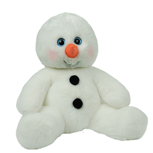 Flurry the Snowman 16-inch plush toy wearing a winter scarf, perfect for holiday gifts