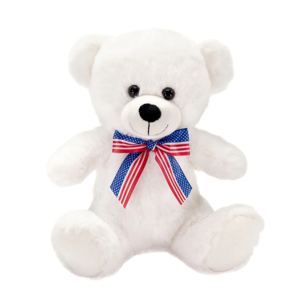 8 Inch Sitting Bear Plush with American Ribbon – Cute Stuffed Animal Gift