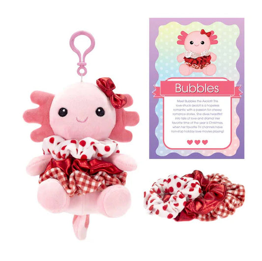 Scrunch Bunch 6 Inch Axolotl Keyclip with 3 Assorted Scrunchies – Cute Gift