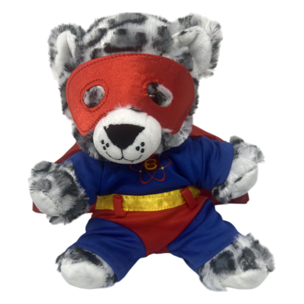 Close-up of an 8-inch plush toy dressed in an Atomic Hero Costume with a cape and mask