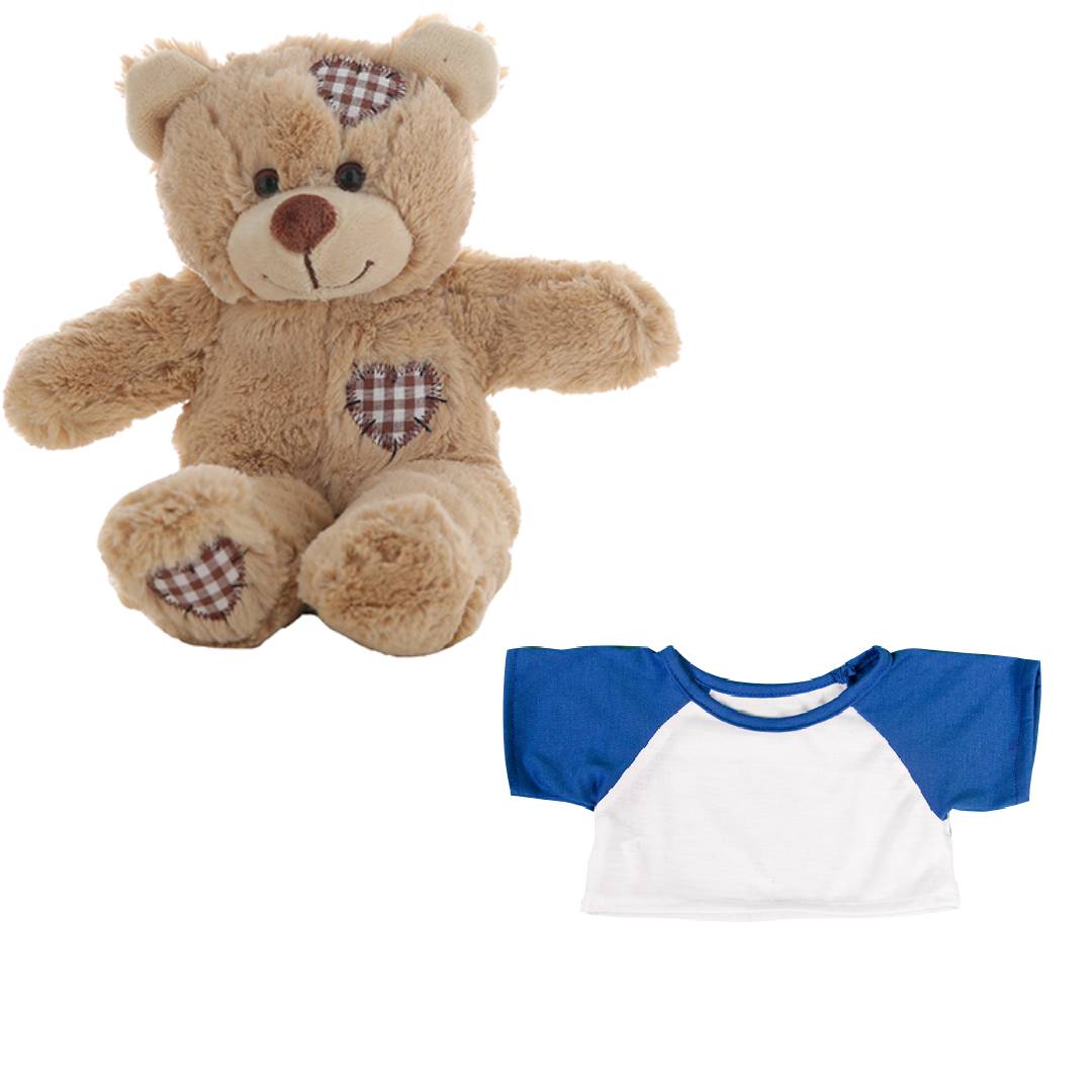 Brown Bear Plush 8 Inch with White Tee & Royal Blue Sleeves 16 Inch