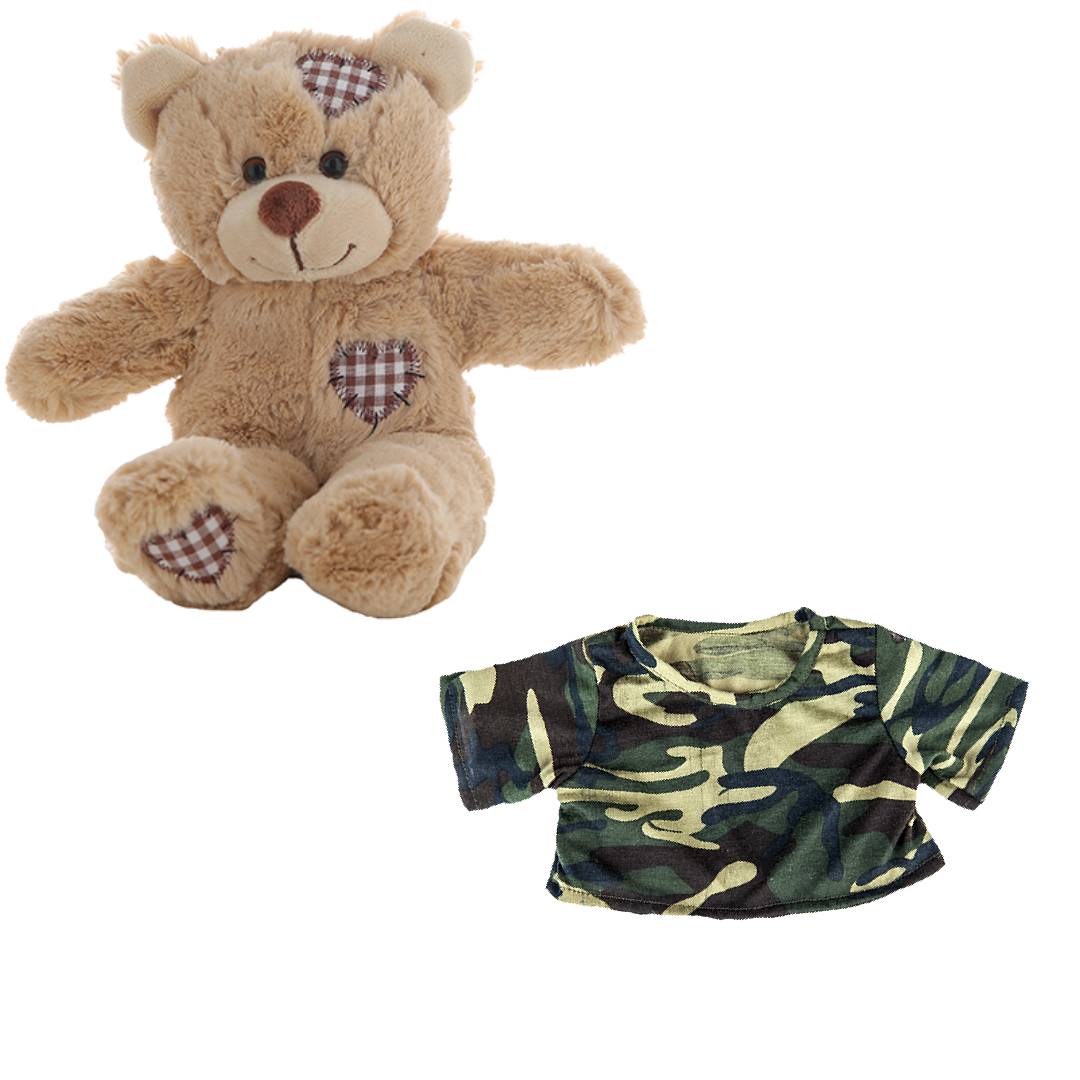 Brown Bear Plush 8 Inch with Camo T-Shirt Outfit