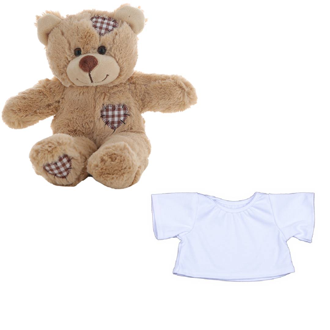 Brown Patches Bear 8 Inch Plush with White T-Shirt – Soft Cuddly Gift