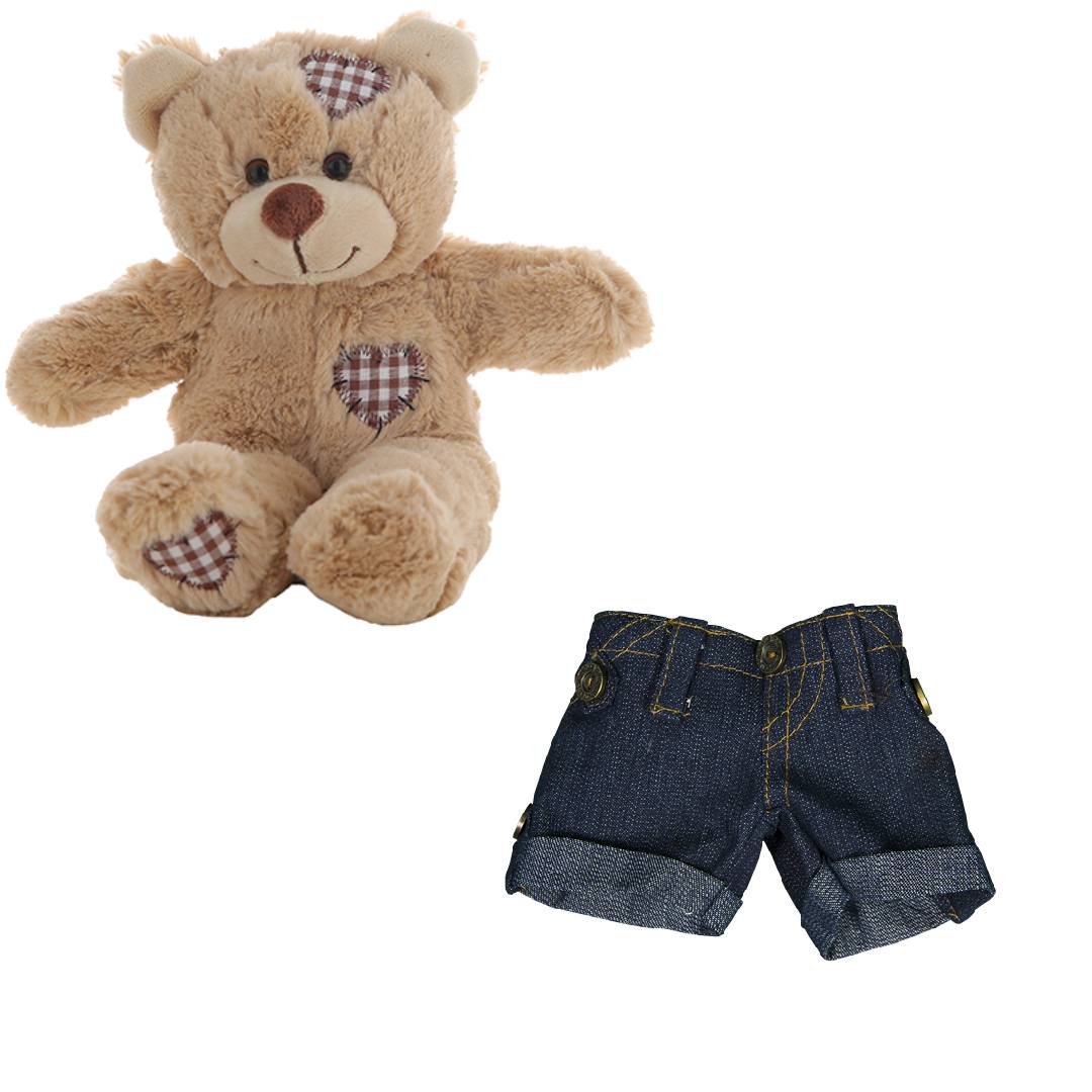Brown Patches Bear 8 Inch with Denim Shorts – Plush Toy Outfit