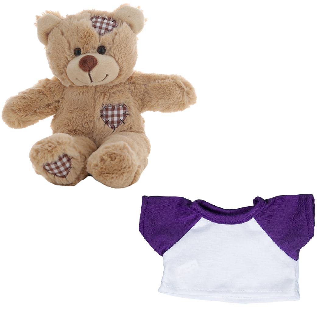 Brown Patches Bear 8 Inch with White Tee & Purple Sleeves – Plush Outfit