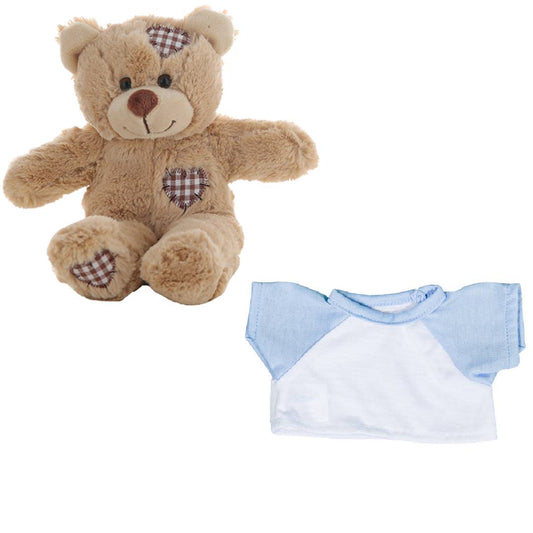 Brown Patches Bear 8 Inch with White Tee & Light Blue Sleeves – Plush Outfit