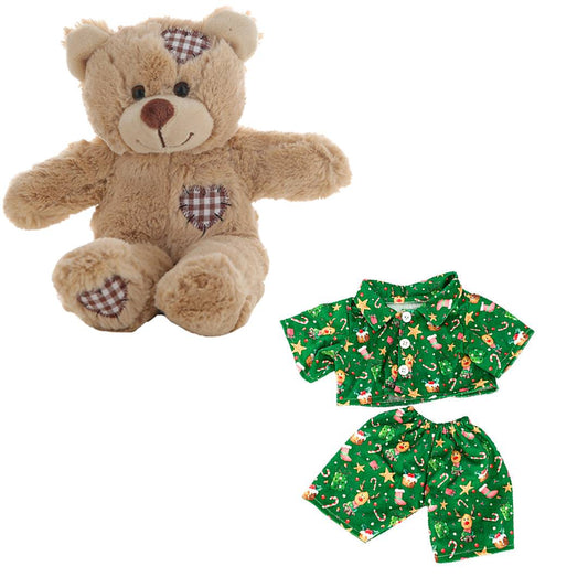 Brown Patches Bear 8 Inch with Green Reindeer Pajamas – Holiday Plush