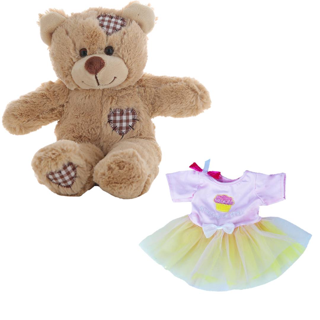 Brown Patches Bear 8 Inch Plush with Birthday Girl Party Outfit