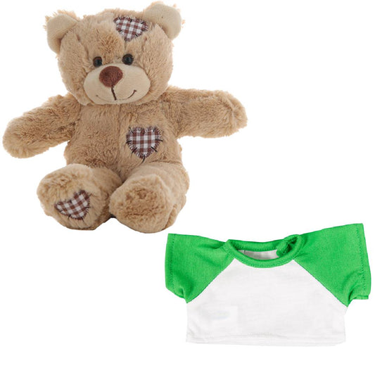 Brown Patches Bear 8 Inch Plush with White T-Shirt & Green Sleeves