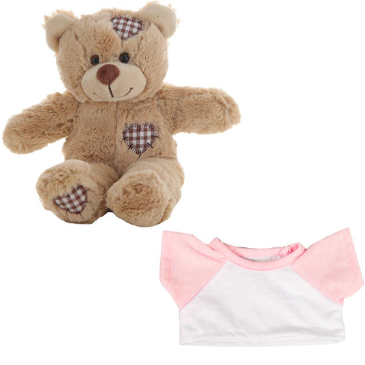 Brown Patches Bear 8 Inch Plush with White T-Shirt & Light Pink Sleeves