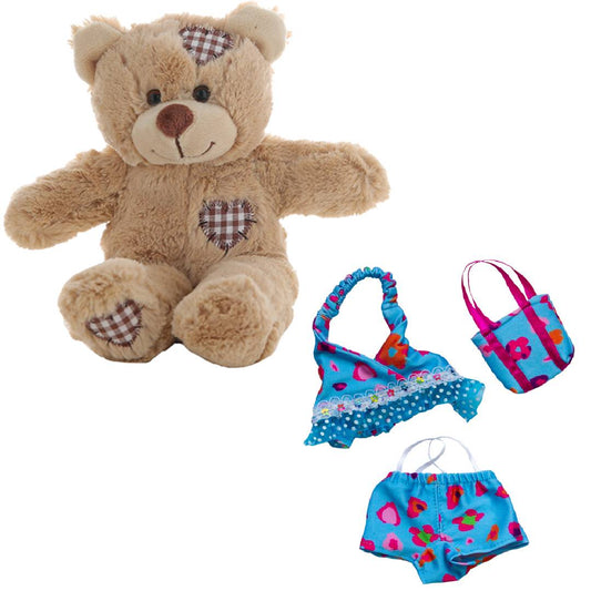 Brown Patches Bear 8 Inch Plush with Blue Floral Tankini & Bag